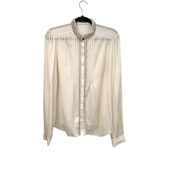 Elie Tahari Ivory Silk Long Sleeve Pintuck Blouse Embroidered Lurex Trim Size M - Picture 10 of 10